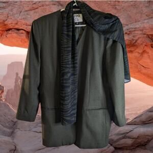 Kasper A.S.L. 12P button down lined olive green front pockets attached scarf